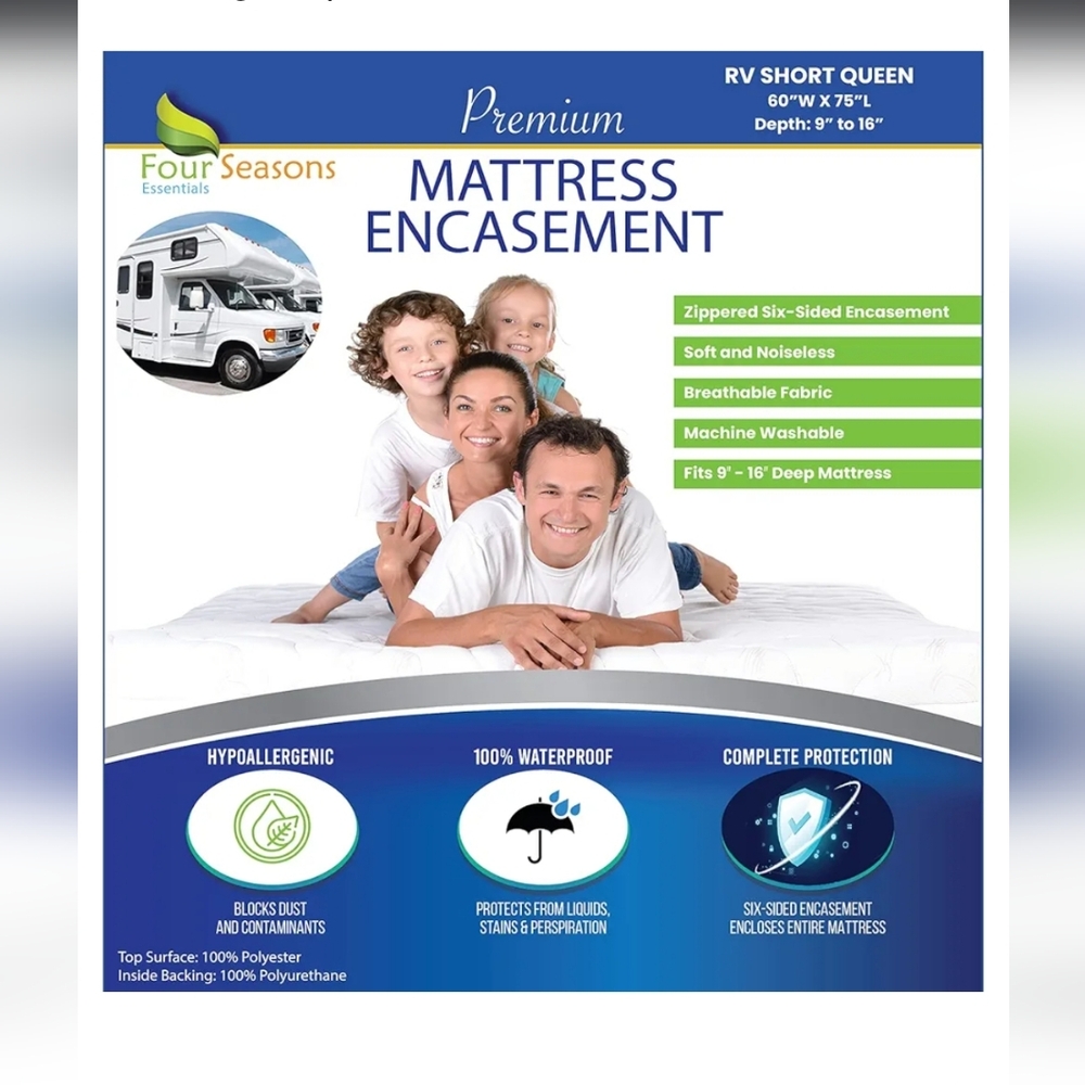 RV Short Queen Mattress Protector (60" Wx75 L) Waterproof Zippered Encasement Hy